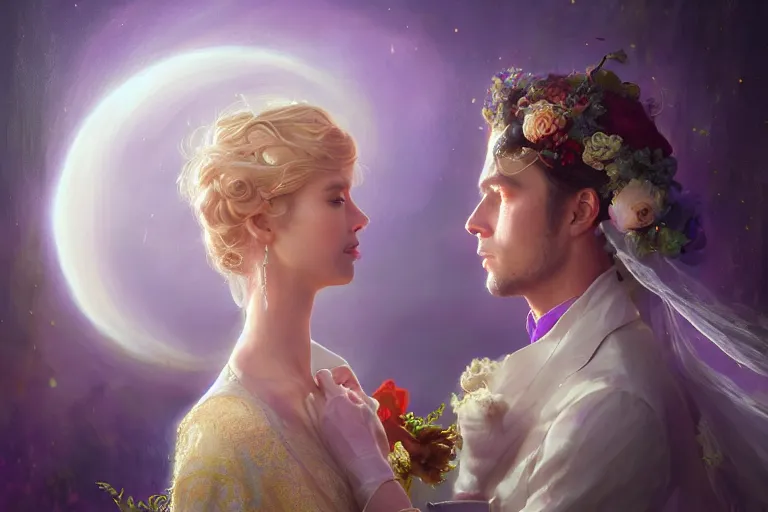 Image similar to a dreamlike cinematic portrait of wedding photograph close up moment of a divine a russia sun god and moon goddess lovers magician at a wedding banquet. portraiture. digital painting. artstation. concept art. fantasy wedding photo. digital painting, 8 k realistic, hyper detailed, violet evergarden art masterpiece by art by krenz cushart