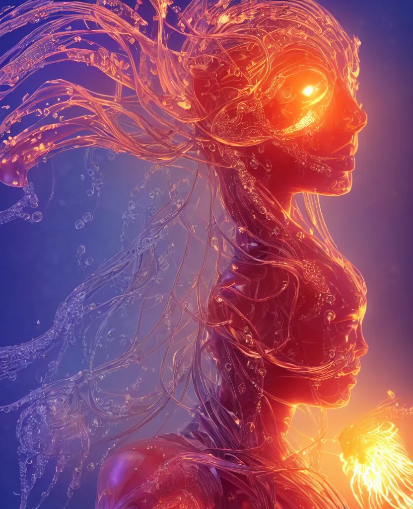 Image similar to close-up macro portrait of the face of a beautiful princess, epic angle and pose, symmetrical artwork, 3d with depth of field, blurred background, cybernetic jellyfish female face skull phoenix bird, translucent, nautilus, energy flows of water and fire. a highly detailed epic cinematic concept art CG render. made in Maya, Blender and Photoshop, octane render, excellent composition, cinematic dystopian brutalist atmosphere, dynamic dramatic cinematic lighting, aesthetic, very inspirational, arthouse. y Greg Rutkowski, Ilya Kuvshinov, WLOP, Stanley Artgerm Lau, Ruan Jia and Fenghua Zhong