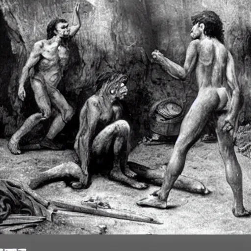 Image similar to historical picture war between homo sapien and neanderthal