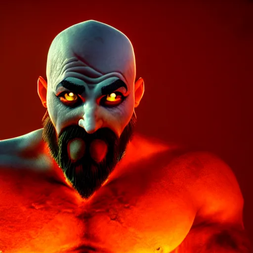 Image similar to Kratos has a chicken head, screenshot, volumetric lighting, high detail, 4k, warm toned gradient background