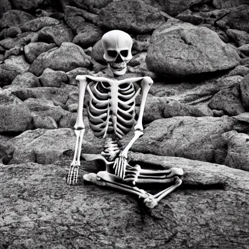 Prompt: a skeleton sitting on a rock, 30mm lens, high resolution 8k,