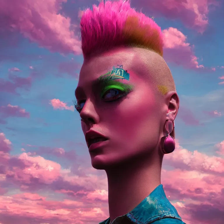 Prompt: oil painting, punk, pretty face, rich deep colors masterpiece, pink, mohawks, neon, ultra detailed, contrast, heaven pink, arches, clouds, sky, volumetric light, atmospheric lighting, dramatic, cinematic, moody, octane render 4 k, 8 k