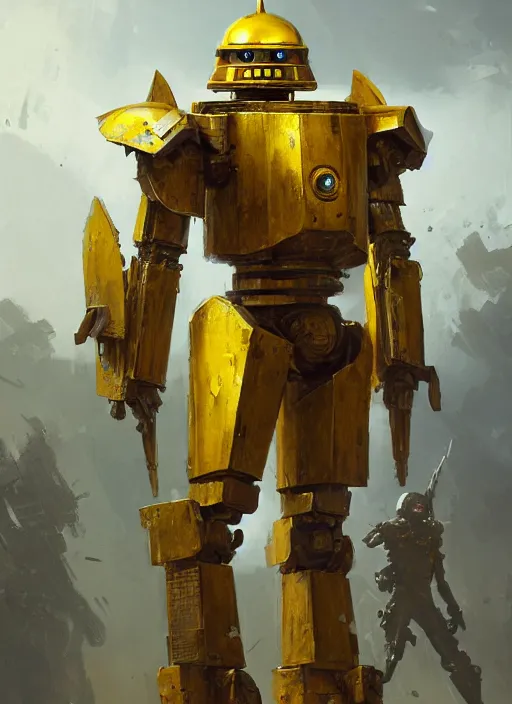 Prompt: human-sized strong intricate humanoid yellow pit droid carrying very detailed perfect antique great sword and beautiful large paladin shield, pancake short large head, exposed metal bones, painterly mecha, by Greg Rutkowski