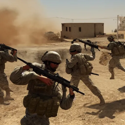 Prompt: Photo of a US Army platoon fighting terrorists on the Dust 2 real-life map, very high quality, hyper realistic 4k