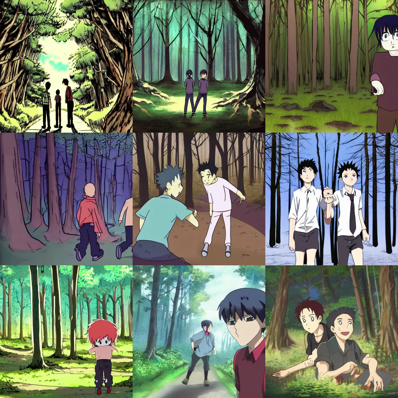 Prompt: two guys enter a haunted forest, anime, animated