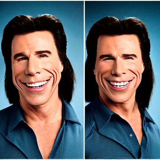 Image similar to john travolta is terk from tarzan, enjoyable smile, happy, big smile, white teeth, portrait photography, studio lighting, gorilla hair, pompadour, school picture