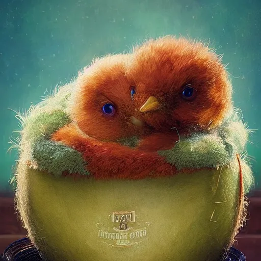 Image similar to long shot of a very fluffy beer chick nesting in a floral cup, esao andrews, by m. w. kaluta, humorous illustration, hyperrealistic, tilt shift, warm colors, night scenery, low light, 3 d octane render, 4 k, volumetric lights, smooth, cosy atmosphere, conceptart, hyperdetailed, trending on deviantart