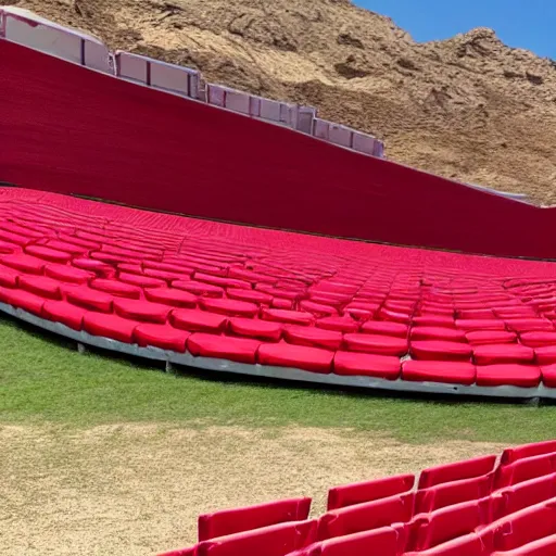 Image similar to pov seen from the stands of an outdoor show in a desert, the seats are in red velvet and comfortable, the stage is surrounded by wooden barriers