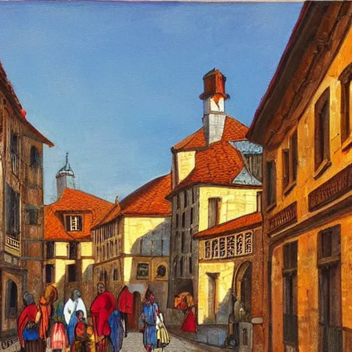Image similar to beautiful medieval city, golden hour, lots of people in the street in the style of Ksenia Milicevic, French painter, architect and town planner