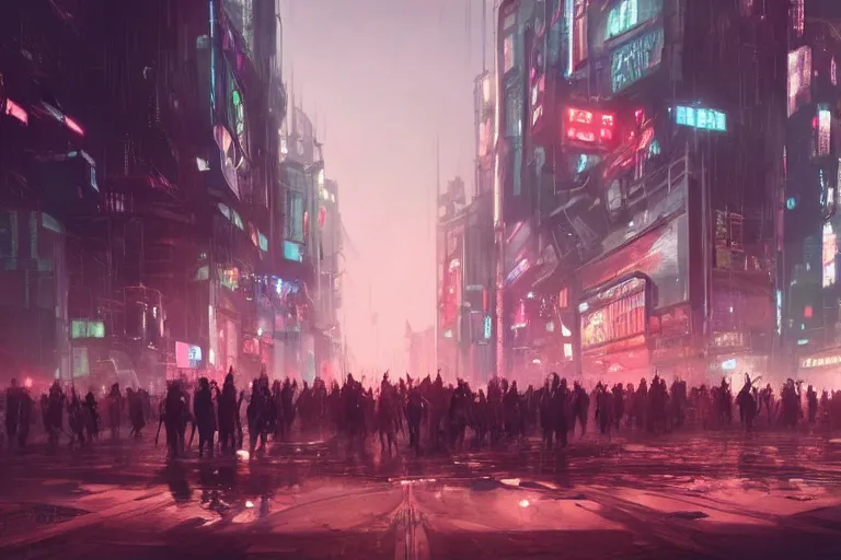 Prompt: a dramatic artstation illustration of a crowd of people at a city intersection bowing to their ai overlords by greg rutkowski, cyberpunk, beautiful,