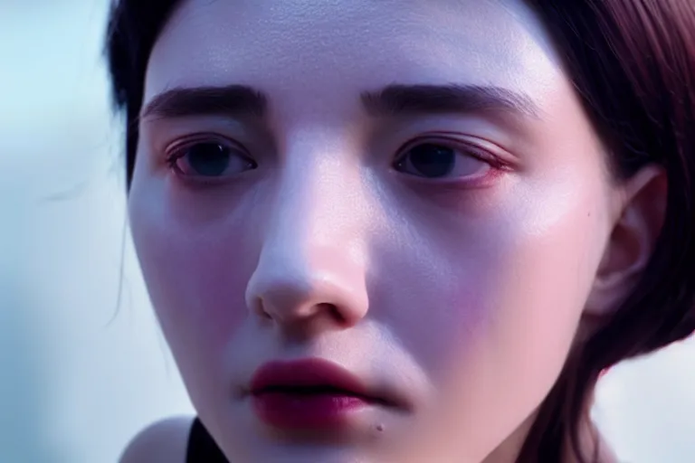Image similar to vfx film closeup, love death, and robots, flat color profile low - key lighting award winning photography arri alexa cinematography, hyper real photorealistic cinematic beautiful natural skin, famous face, atmospheric cool colorgrade