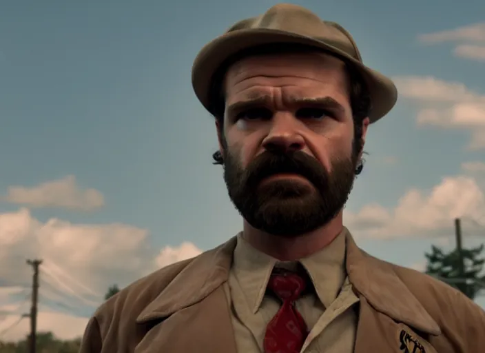 Image similar to film still of jim hopper as dustin henderson in stranger things, 8 k