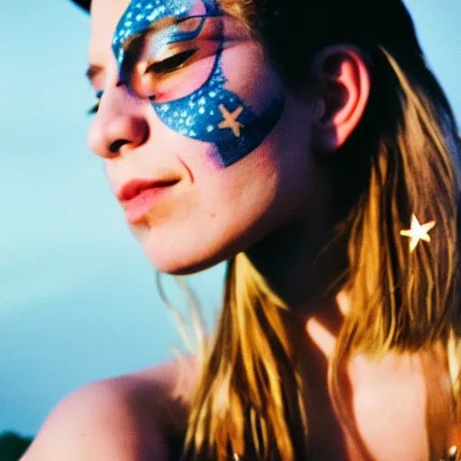 Image similar to beautiful young woman with gutterpunk pen ink face tattoos at golden hour, stars in background, cinematic diane arbus, leica s, fuji 8 0 0, grainy, low light