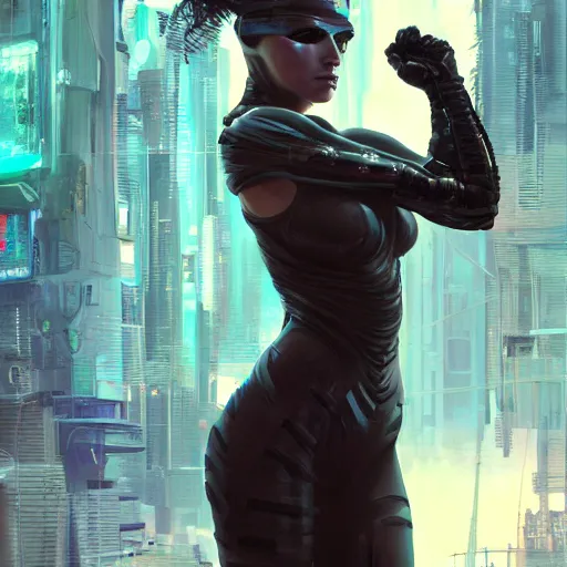 Image similar to cyberpunk woman | powerful | hyperrealistic | lush background | sci fi environment | action pose | digital painting | trending on artstation | pinup portrait | clean | illustration | dressed | unreal engine 5 | 8 k resolution | by greg rutkowski, j. w. waterhouse, alphonse mucha, olivia de berardinis, gustav klimt and mel ramos