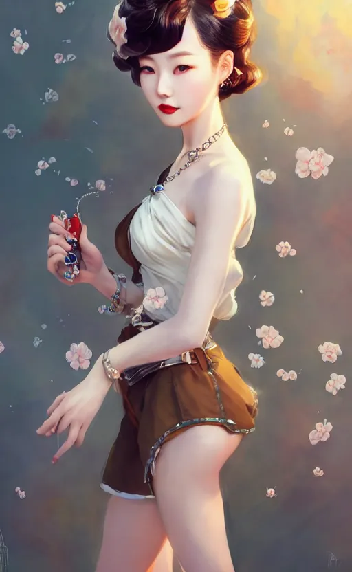 Image similar to a pin up and beautiful fashion charming dreamlke korea girl with lv jewelry, character art, art by artgerm lau and kyoung hwan kim and and ilya kuvshinov and john singer sargent, hyperdetailed, 8 k realistic, symmetrical, frostbite 3 engine, cryengine, dof, trending on artstation, digital art