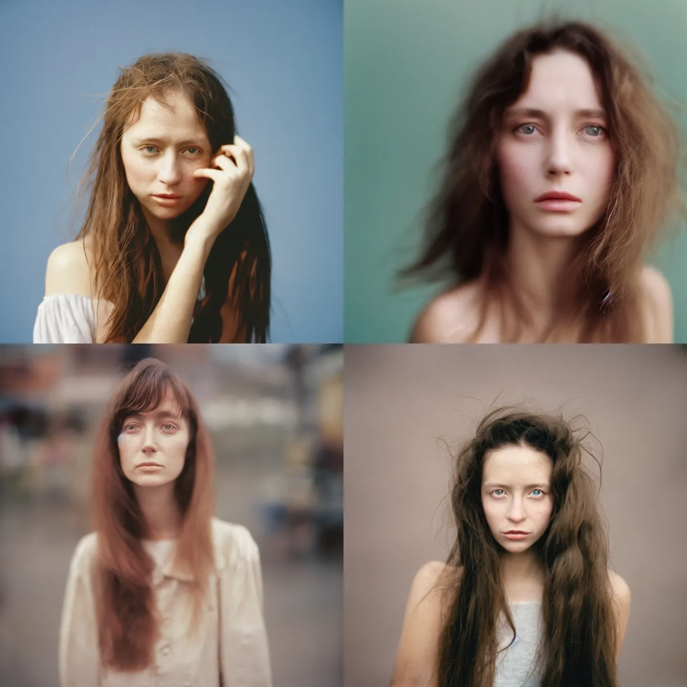 Prompt: head and shoulder 8 5 mm portrait analog photography of a woman surrounded by plastic by mark owen. long hair. vogue. kodak portra. depth of field. detailed. hq. realistic. muted colors. mamiya 7 ii, f / 1. 2, symmetrical balance, in - frame