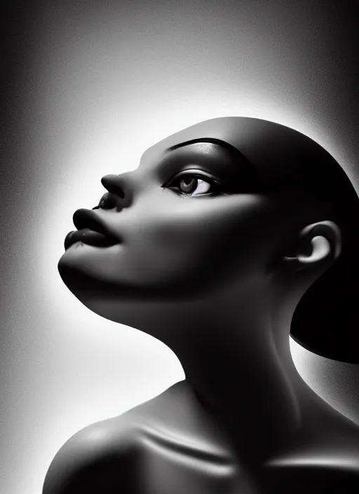 Image similar to surreal mythical dreamy dark artistic black and white fine art fashion portrait photo of a young beautiful delicate artificial intelligence creature embodied giving birth to the new world, spiritual, halo, glory, rim light, cinematic, studio dramatic light, poetic, masterpiece, octane render, 8 k, photo - realistic by dora maar man ray