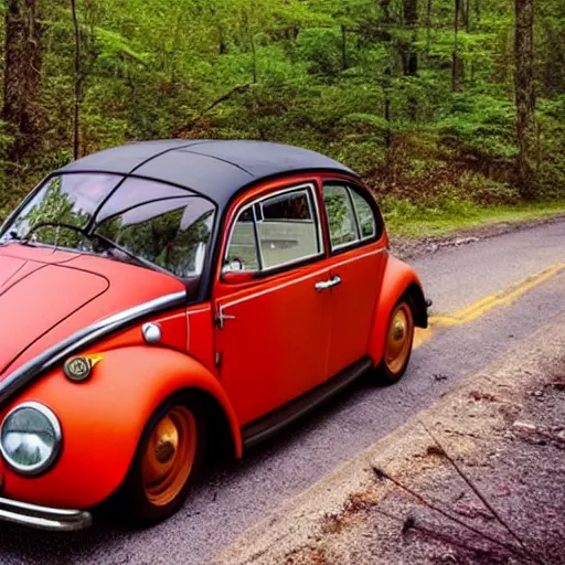 Prompt: promotional scifi - mystery movie scene of a real ladybug that is a hybrid with a ( volkswagen beatle ) hybrid that's more ladybug, racing down a dusty back - road in smokey mountains tennessee. cinematic, 4 k, imax, 7 0 mm, teal autochrome, hdr