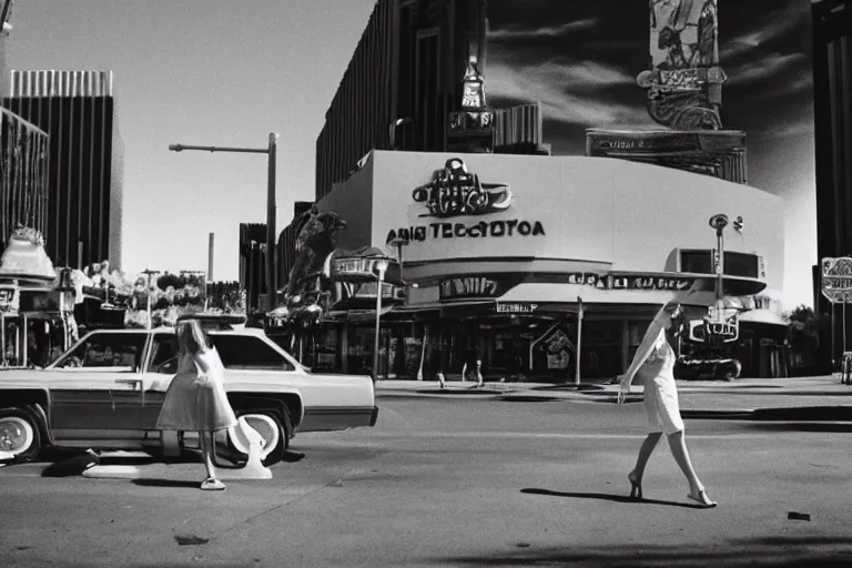 Prompt: 1 9 7 6 vegas street scene with a woman floating in the sky in the foreground, deep focus, intricate, elegant, highly detailed, matte, sharp focus, photography of gregory crewdson