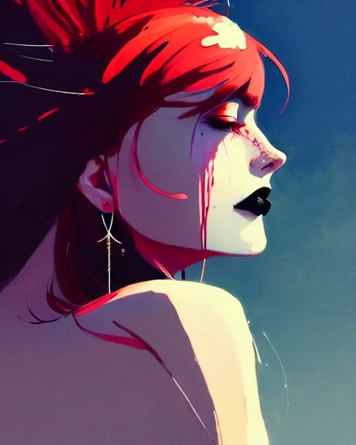 Image similar to close up, captivating, memorable, a ultradetailed beautiful photo of a unique woman wearing a hippy goth outfit standing too too too close, side view, bloom lighting staring at you by conrad roset, greg rutkowski and makoto shinkai trending on artstation