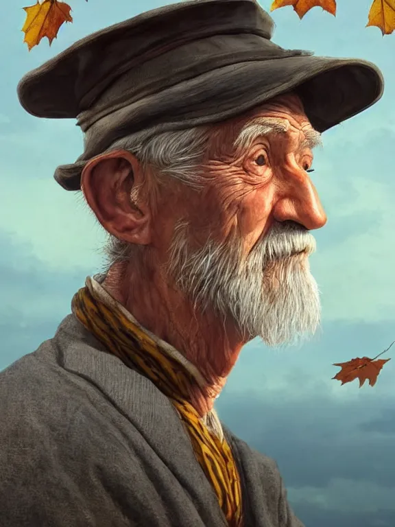 Prompt: realistic renderings portrait of very old fisher man portrait with a hat, wearing a fisher 🧥, coloured wears, ( ( ( ( ( a bird in the sky ) ) ) ) ) port scene background, astonishing scenes, detailed, photorealism, volumetric lighting, autumn lights colors, ultra detailed