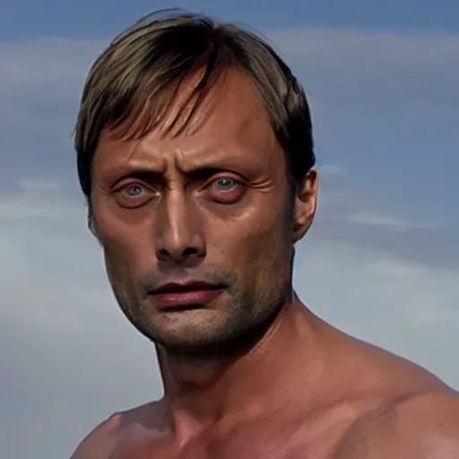 Image similar to a man who is a genetic combination of mads mikkelsen and jude law face and upper - body focus