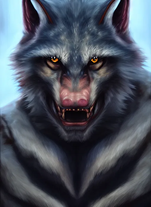 Prompt: portrait painting of werewolf king, acrylic, daz. detailed, portrait, oil painting, artstation, unreal 5, hd, artgerm, dnd, rpg