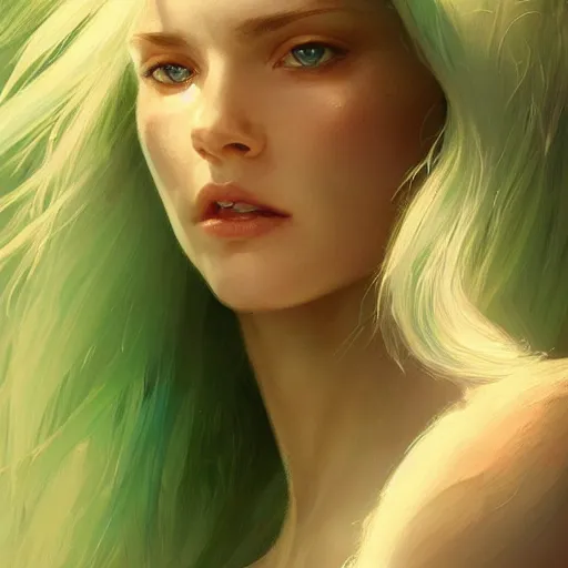 Prompt: portrait of a beautiful young woman with glowing blue eyes, dressed in a green top, flowing white hair, detailed face, fantasy, highly detailed, cinematic lighting, digital art painting by greg rutkowski, trending on artstation, very very beautiful, very attractive
