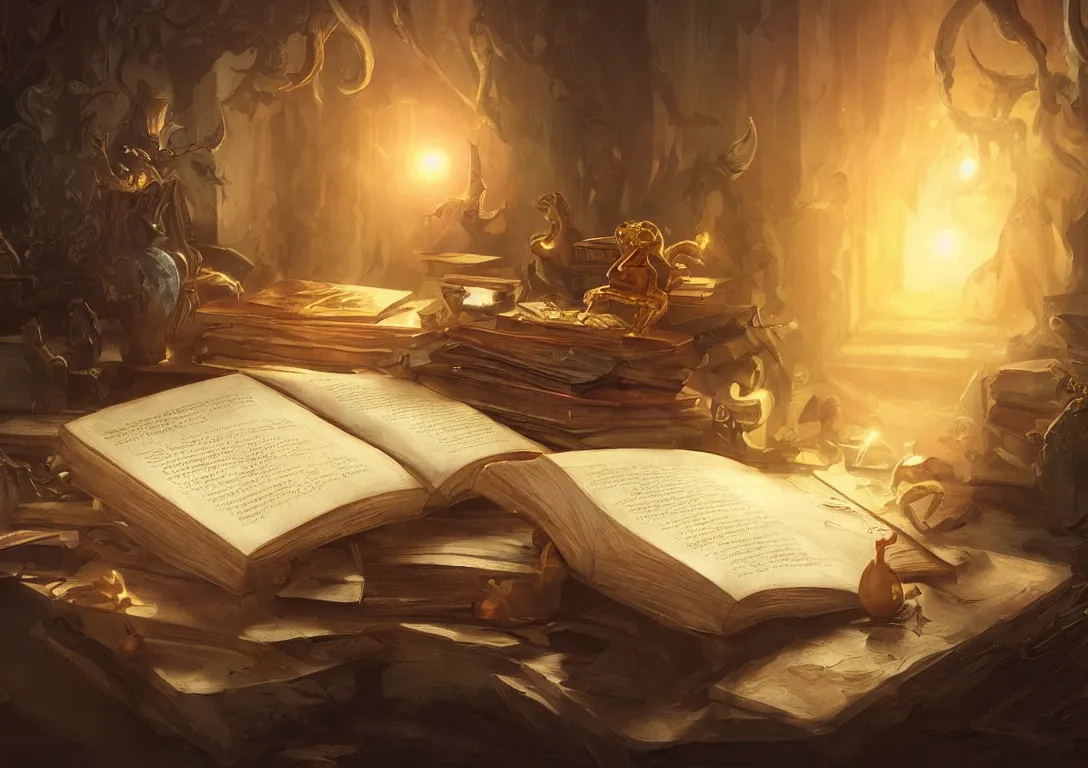 Image similar to a painting of a magical book laying open on a desk, fantasy concept art, golden hour, cinematic lighting, highly detailed