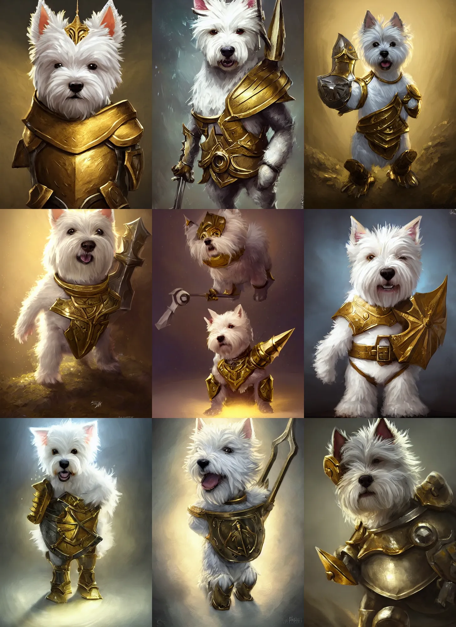 Prompt: A cute little anthropomorphic west highland white terrier knight wearing gold body armor, joy, happy, adorable, short, baby animal, DnD character art portrait, ultra realistic, ultra detailed, cinematic lighting, epic lighting, volumetric light, DeviantArt Artstation, by Jason Felix by Steve Argyle by Tyler Jacobson by Peter Mohrbacher