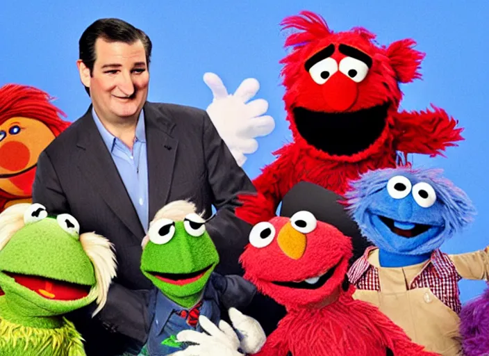 Image similar to ted cruz getting beaten up and punched and kicked by a gang of muppets on sesame street