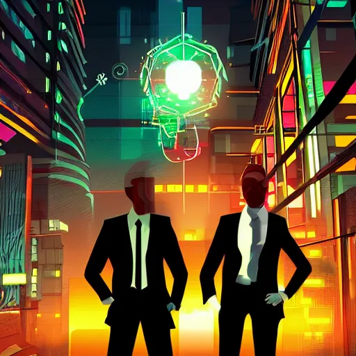 Prompt: two cyberpunk businessmen, detailed digital illustration, nighttime, colorful lighting, android netrunner