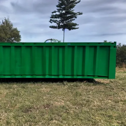 Prompt: gigantic 3 0 foot long rectangular green contractor dumpster side view, wide shot