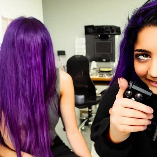 Image similar to my friend milan with a girl who has purple hair and plays video games, high details, fine face