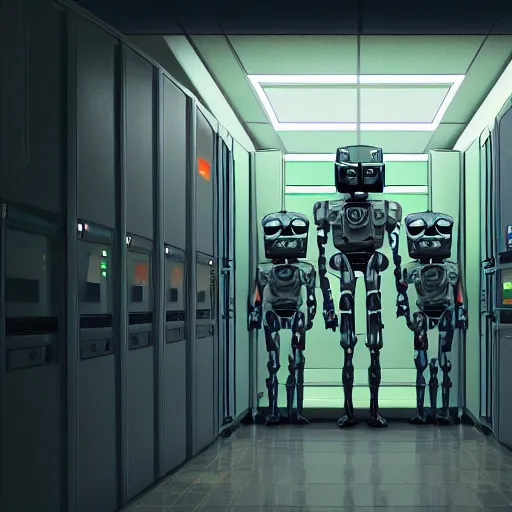 Prompt: a digital art of robot power armor in server room by simon stalenhag character design, robot in data center, trending on artstation, 8 k, ultra wide angle, zenith view, pincushion lens effect