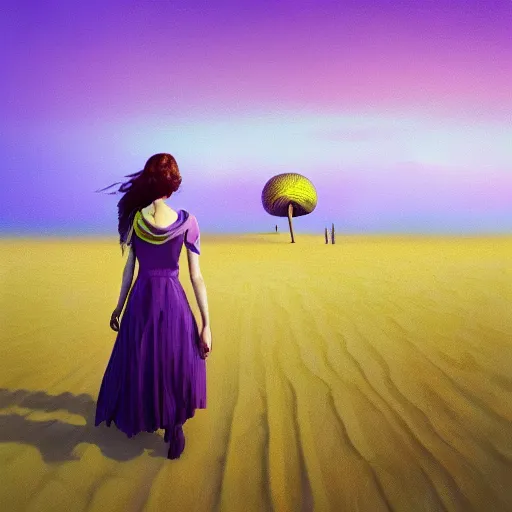 Image similar to portrait, giant purple dahlia flower head, girl walking between dunes, surreal photography, sunrise, blue sky, dramatic light, impressionist painting, digital painting, artstation, simon stalenhag