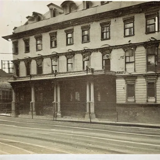 Image similar to a old, worn out photograph of the sydney oprea house taken in 1 9 2 4, photograph on table