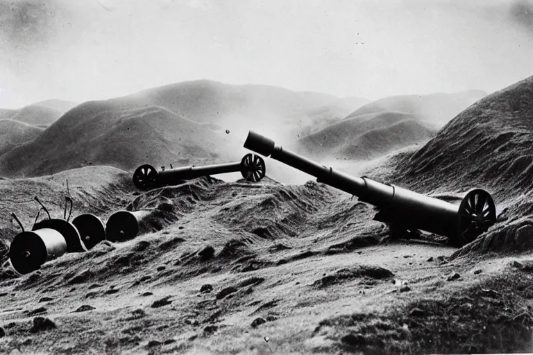 Image similar to 1 5 5 mm artillery in trenches with a beautiful background of hills and mountains, black and white photography, 1 9 2 5