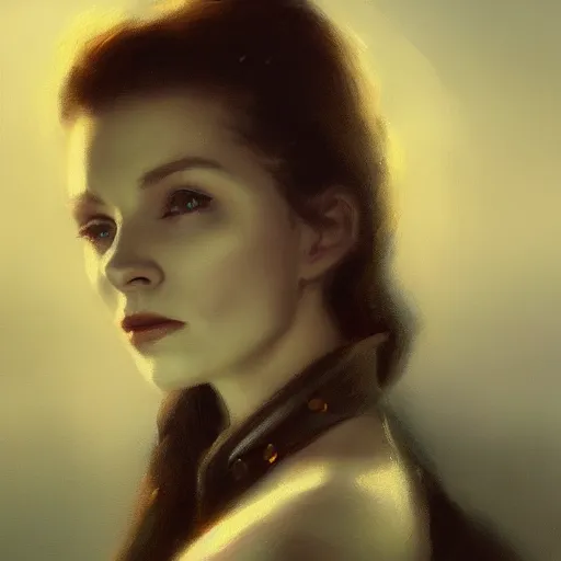 Image similar to closeup portrait of a young vivian leigh, dramatic lighting, city background, night, moon, chiaroscuro, high detail, painted by greg rutkowski, painted by igor kieryluk, painted by bobby chiu, trending on artstation