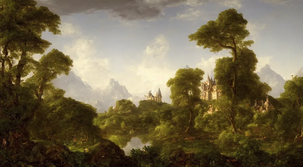 Prompt: a landscape painting of a French castle, with a garden, by Thomas Cole, trending on artstation