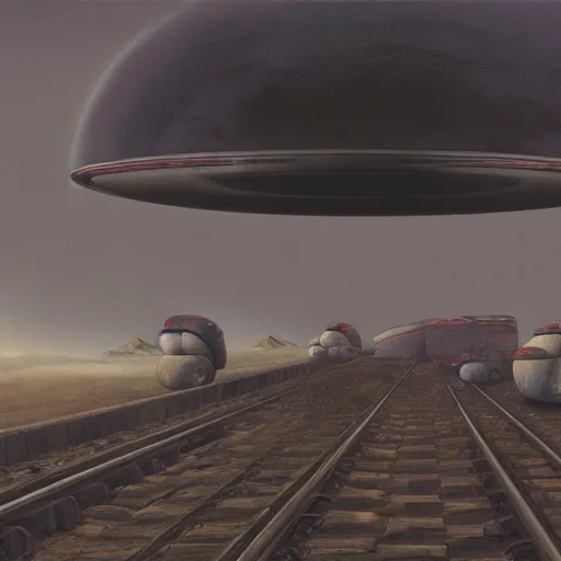 Prompt: a ufo being transported inside of a large train, beksinski, wayne barlowe, very coherent symmetrical artwork, cinematic, hyper realism, high detail, octane render, 8 k