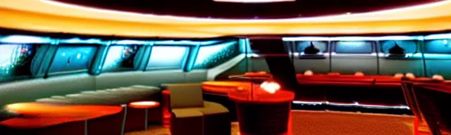 Prompt: interior of ten forward lounge in star trek enterprise, warm aqua lighting