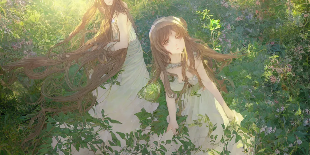 Image similar to a digital art of a loli with long hair in a dress in the privet garden at after noon, green and warm theme, by krenz cushart and mucha and akihito yoshida and greg rutkowski and makoto shinkai, low angle, long shot, back lighting, detailed eyes, 4 k resolution, trending on art station