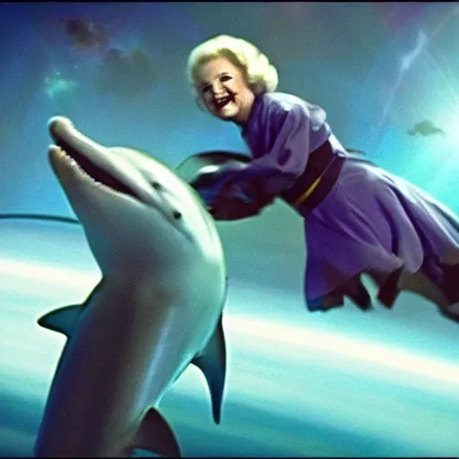 Image similar to betty white dual wielding lightsabers riding a dolphin through space, cinematic, award winning, high budget vfx