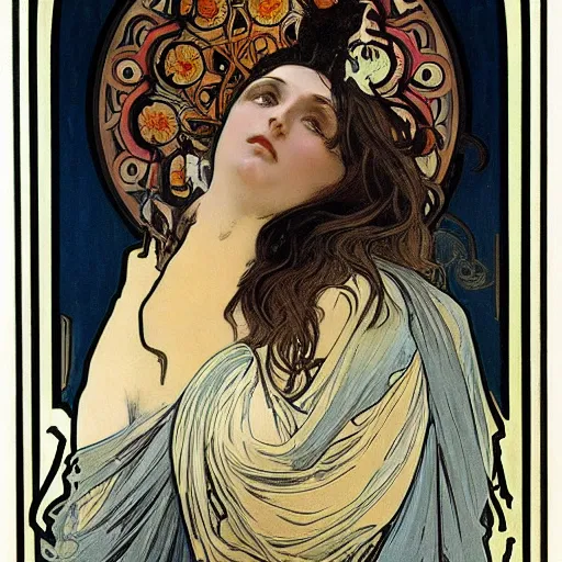 Image similar to death, painted by alphonse mucha