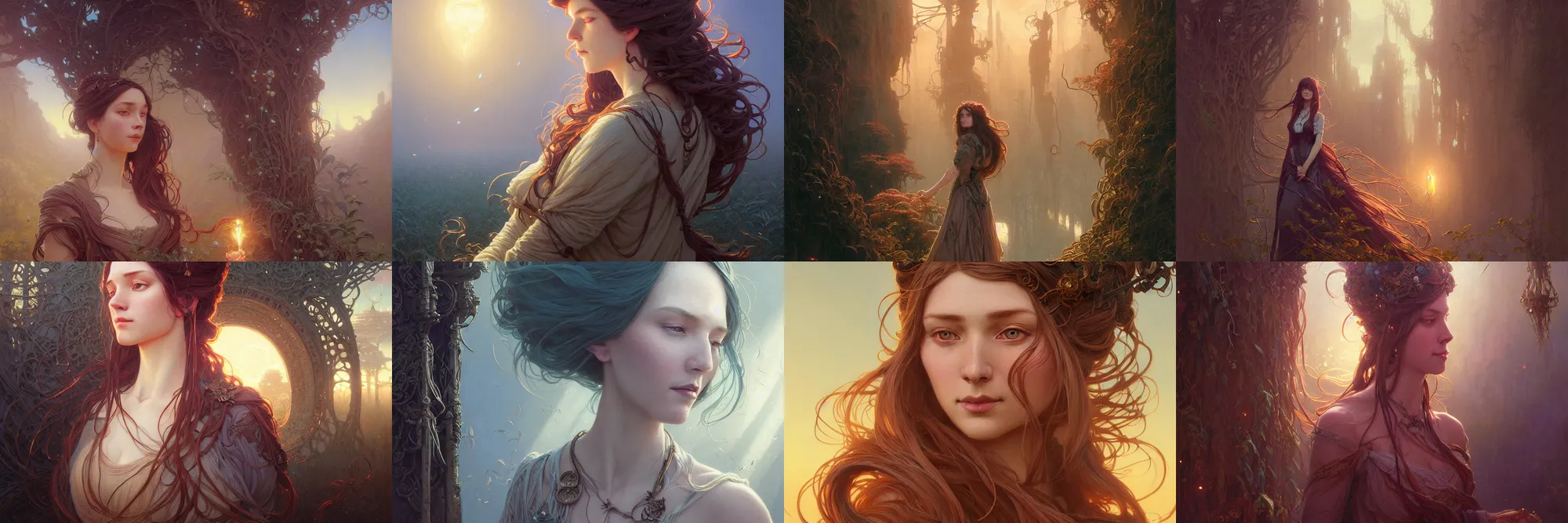 Image similar to highly detailed portrait of a woman with long hairs, stephen bliss, unreal engine, fantasy art by greg rutkowski, art nouveau, loish, rhads, ferdinand knab, makoto shinkai and lois van baarle, ilya kuvshinov, rossdraws, tom bagshaw, alphonse mucha, global illumination, radiant light, detailed and intricate environment