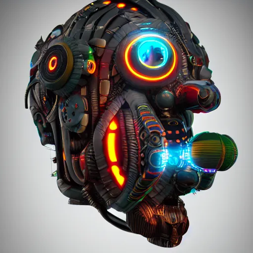 Image similar to a glossy claymodel of a dieselpunk aztec futuristic robot head with eeg probes, 8 k, front shot, symetrical, flourescent colors, halluzinogenic, multicolored, insanely detailed, 3 d render, octane