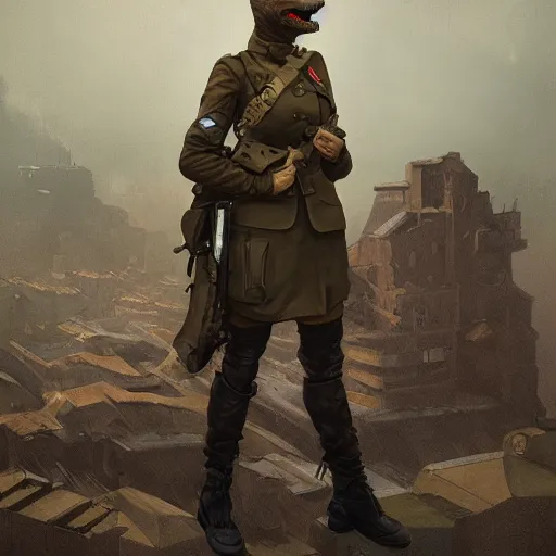 Image similar to a detailed matte painting of a cyborg velociraptor wearing a beret, in nazi occupied france, french resistance, 8 k, artstation, art by greg rutkowski and alphonse mucha