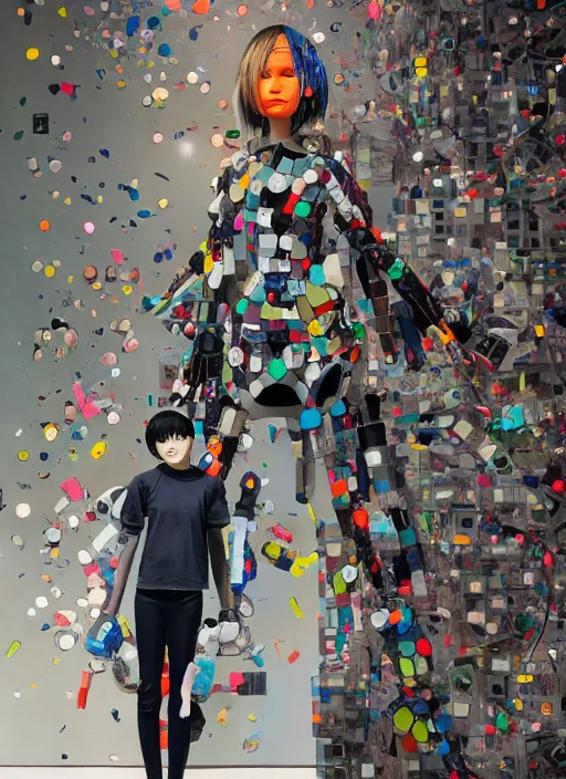 Prompt: editorial photograph for an art magazine, photograph of a contemporary art sculpture of a modular quirky yorha android, by hikari shimoda, by jack gaughan