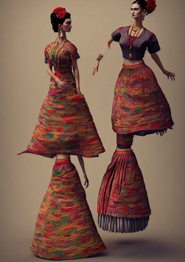 Image similar to cloths on frida khalo style, high detailed intricate fashion clothing, cotton texture, silk colors, ultra realistic, octane render, volumetric lights, long, wide skirts, loose - fitting blouses, elaborate hairstyles, and intricate embroidery